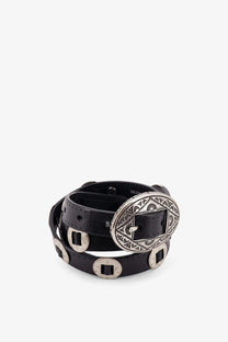 Golden Goose men’s black leather belt with silver-toned engraved oval buckle and matching circular studs along strap