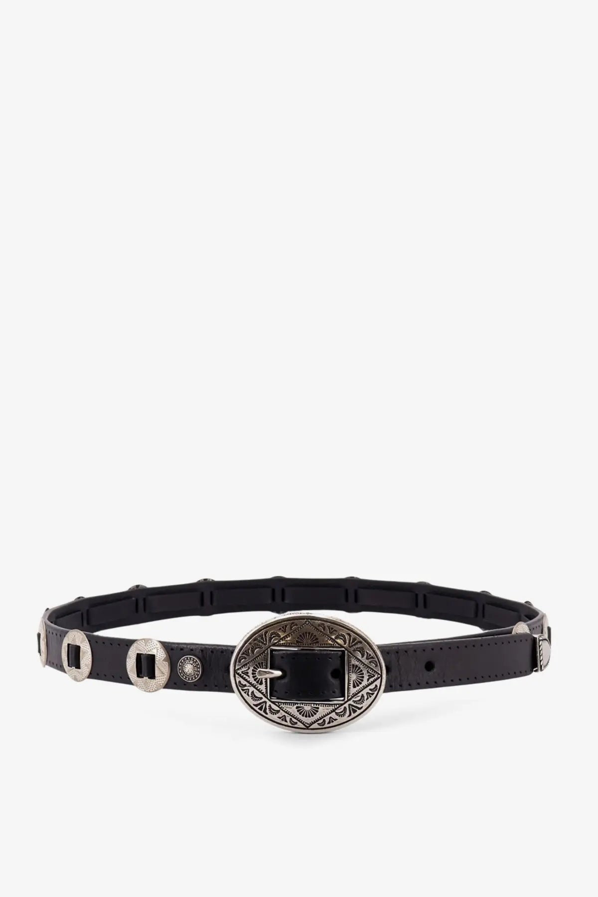 Golden goose men’s black leather belt with silver oval engraved buckle and decorative metal studs along strap