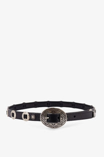 Golden goose men’s black leather belt with silver oval engraved buckle and decorative metal studs along strap