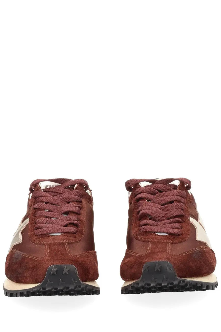 Golden goose men’s marathon sneaker in brown suede with cream accents and black rubber soles side view