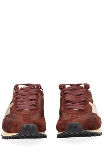 Golden goose men’s marathon sneaker in brown suede with cream accents and black rubber soles side view