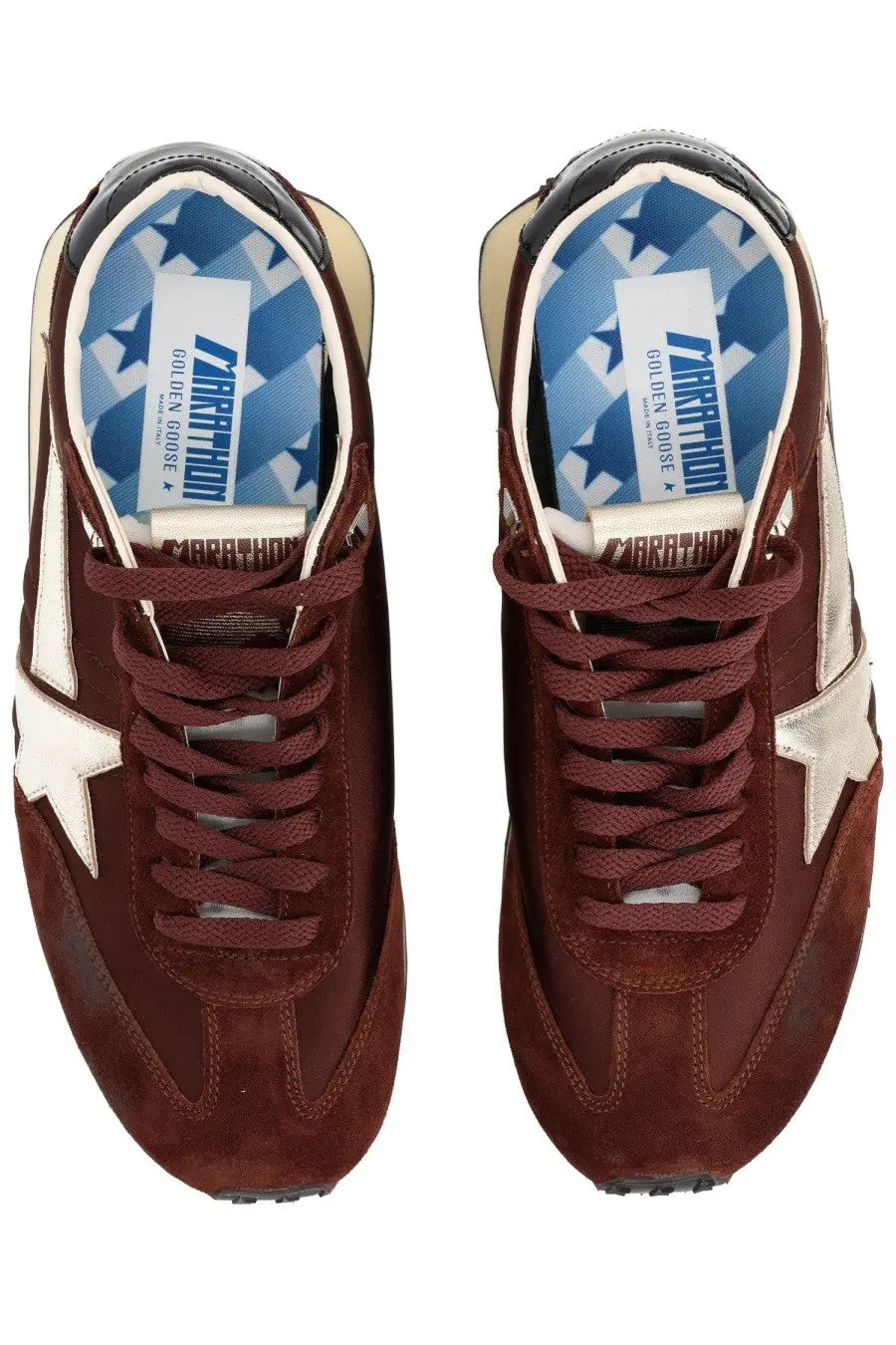 Golden Goose men’s marathon sneaker red in brown suede with white stars and blue star patterned insole featuring logo