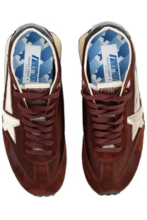 Golden Goose men’s marathon sneaker red in brown suede with white stars and blue star patterned insole featuring logo
