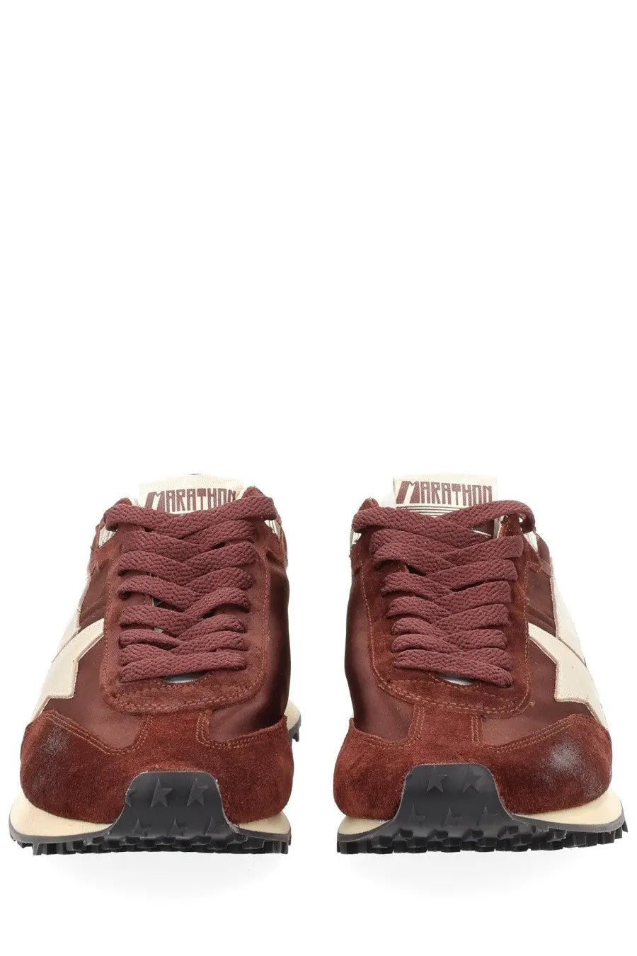 Golden Goose men’s marathon sneaker red in maroon suede and cream with black rubber soles athletic design