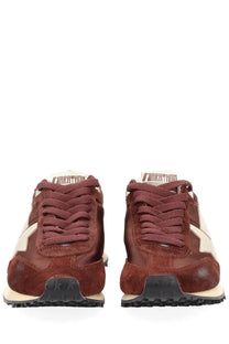 Golden Goose men’s marathon sneaker red in maroon suede and cream with black rubber soles athletic design