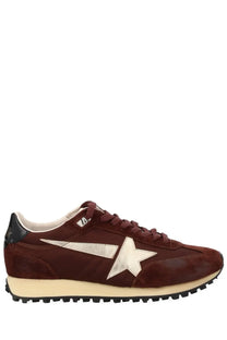 Golden Goose men’s marathon sneaker red maroon suede with metallic silver star logo and black rubber heel tab back view