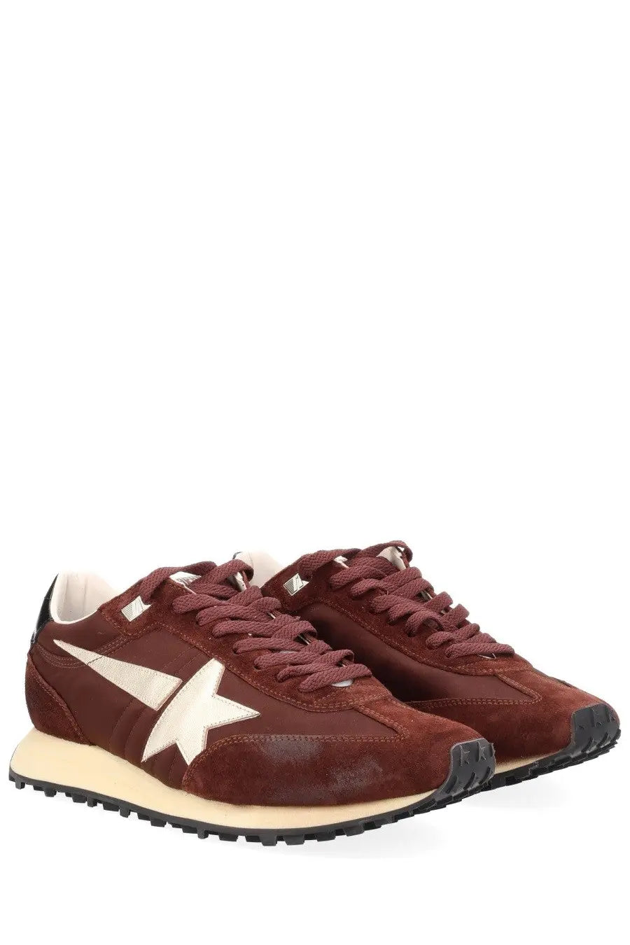 Golden goose men’s marathon sneaker red maroon suede with white star logo and cream-colored midsole front view