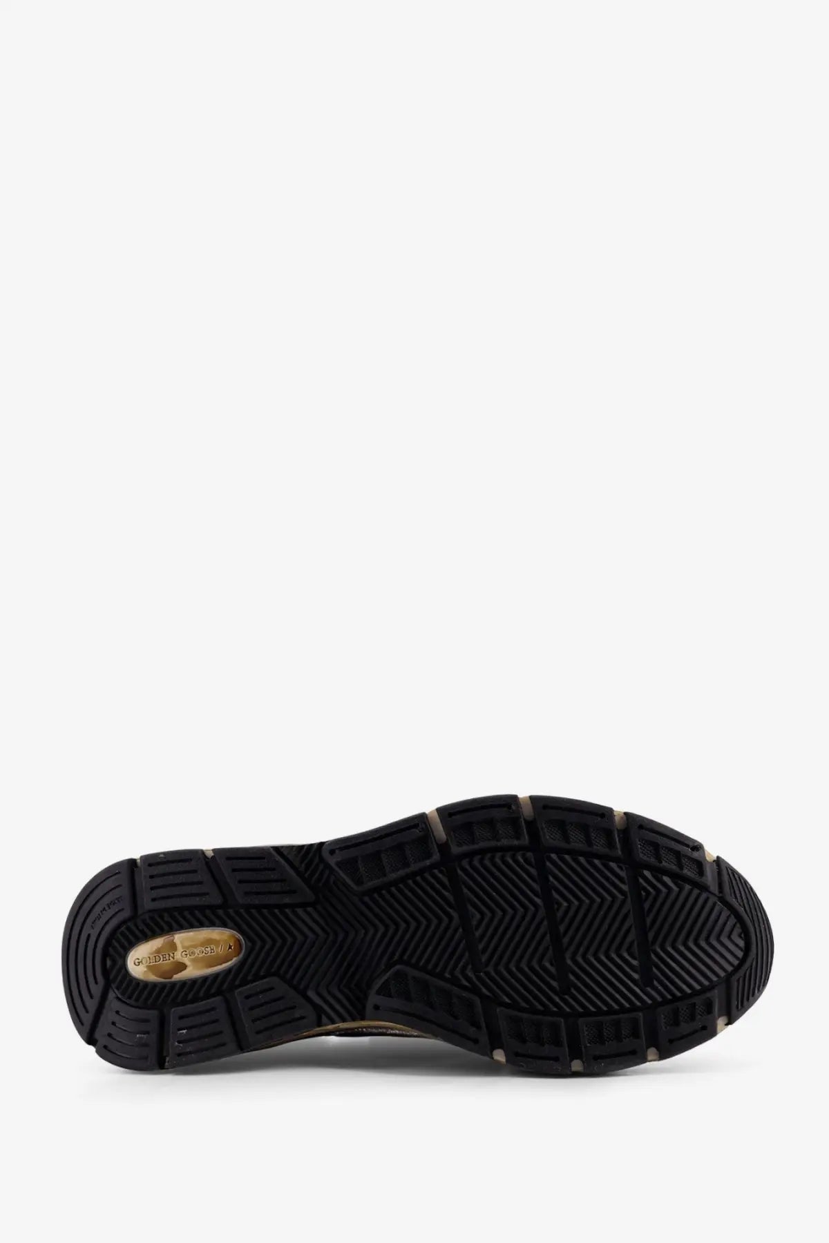 Back view of golden goose men’s white mesh and leather sneakers with black rubber sole and gold logo plate on heel