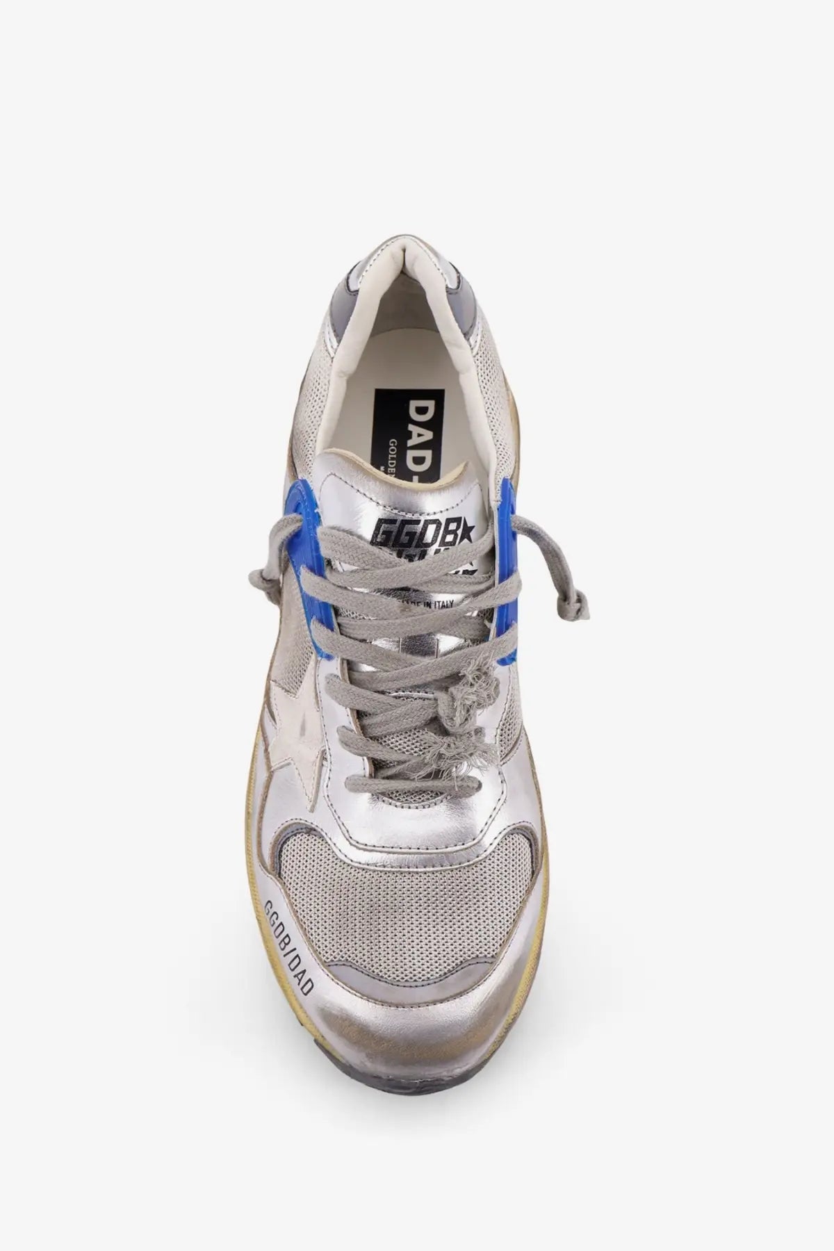 Golden goose men’s mesh and leather sneakers in silver and blue with metallic accents and distressed details