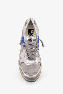 Golden goose men’s mesh and leather sneakers in silver and blue with metallic accents and distressed details