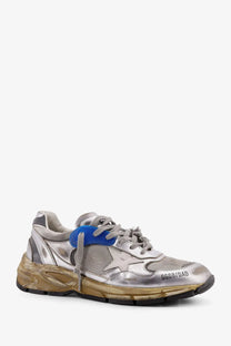 Golden goose men’s mesh and leather sneakers white featuring a silver metallic distressed finish blue lace tab and gold sole