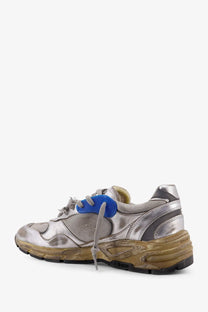 Golden goose men’s mesh and leather sneaker in silver metallic with distressed vintage look and bold blue laces