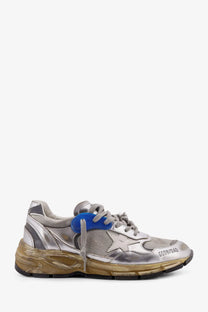 Silver metallic golden goose men’s mesh and leather sneaker with blue star lace tab and vintage distressed design