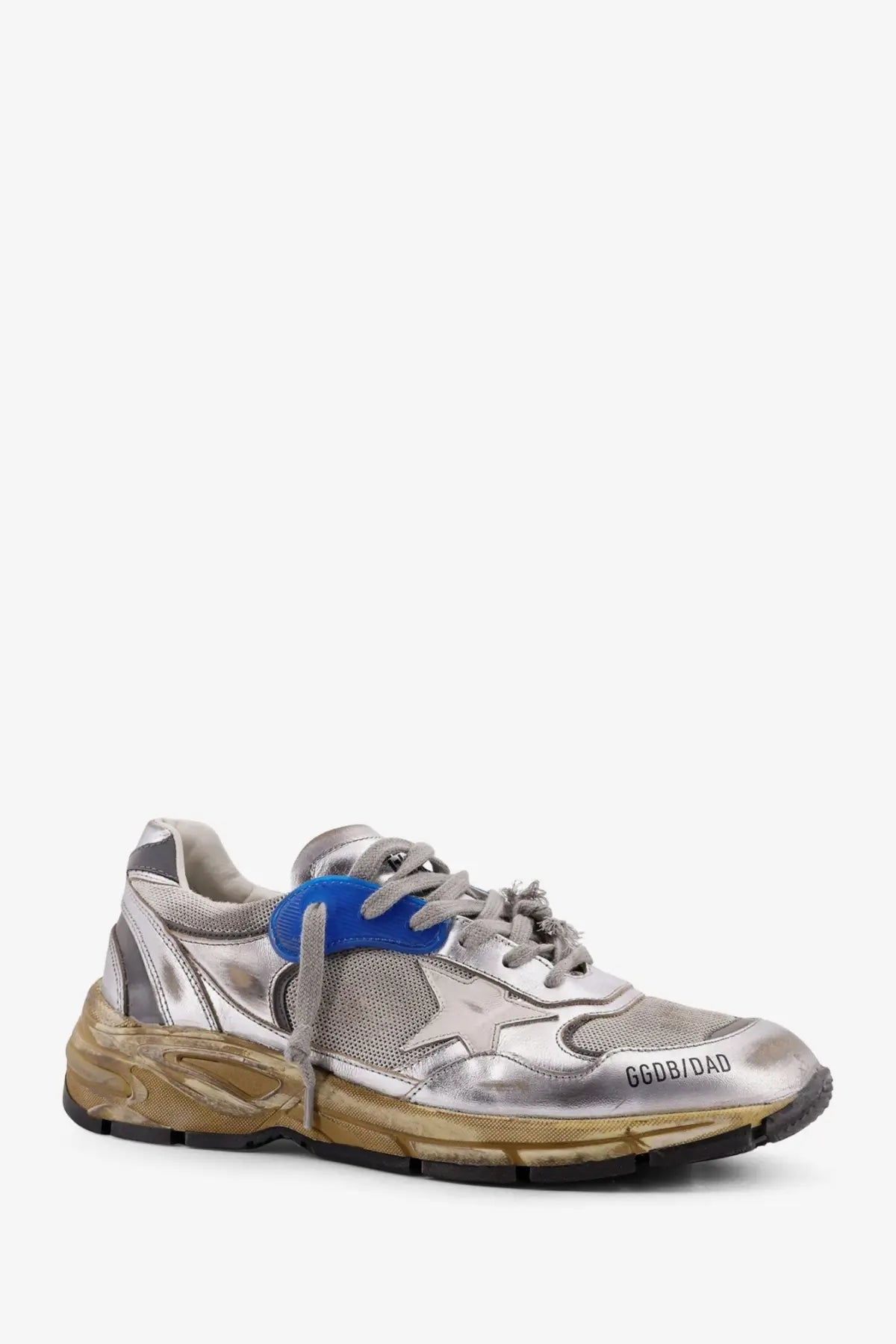Golden goose men’s mesh and leather sneakers in white with silver metallic distressed finish blue lace tab and gold rubber sole