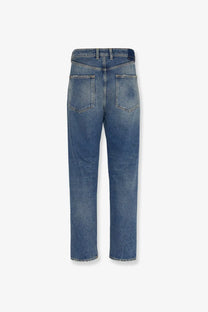 Golden goose men’s pant happy jeans in blue denim with straight-leg cut and frayed hems