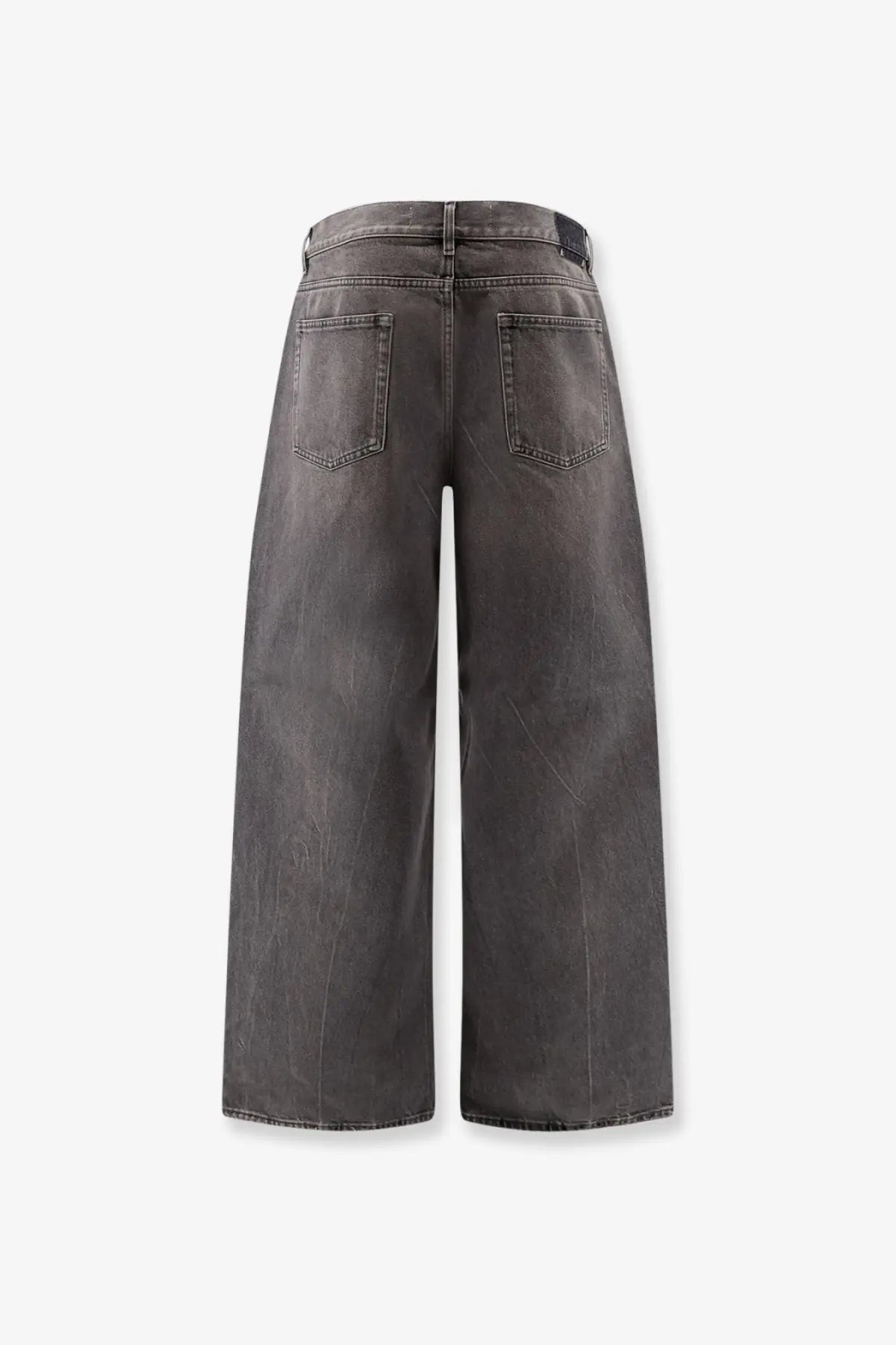 Dark gray wide-leg denim jeans with faded distressed finish and back pockets shown from the back by golden goose