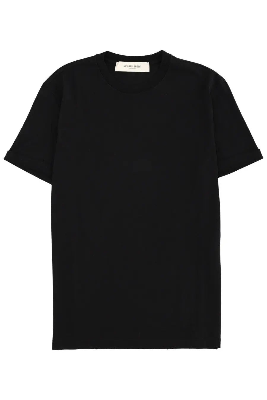 Black cotton golden goose men’s t-shirt with crew neck short sleeves and white golden gorge label at the collar