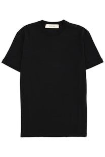 Black cotton golden goose men’s t-shirt with crew neck short sleeves and white golden gorge label at the collar