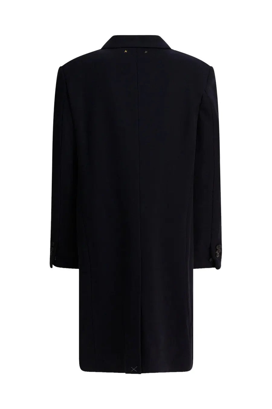 Golden goose men’s single breasted wool coat blue shown as a black tailored overcoat with classic collar and stitching details