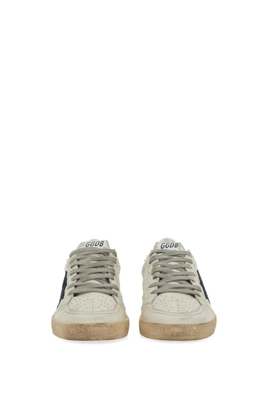 Golden Goose men’s sneaker ball star white cream suede low-top with distressed sole and navy side stripe with ggdb logo