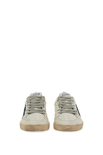 Golden Goose men’s sneaker ball star white cream suede low-top with distressed sole and navy side stripe with ggdb logo
