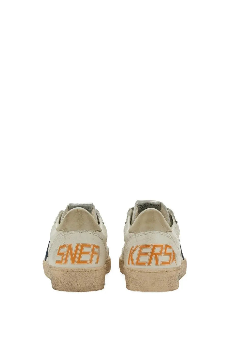 Back view of golden goose men’s sneaker ball star white leather sneakers with orange heel lettering and vintage distressed look