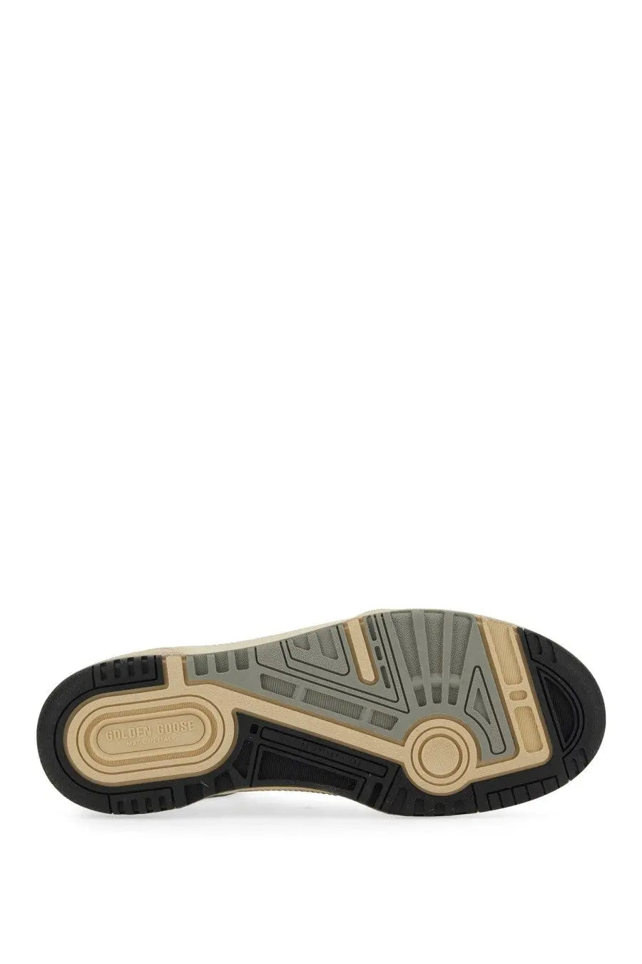 Back view of golden goose men’s sneaker white showing black and beige rubber sole with gold embossed logo on the heel