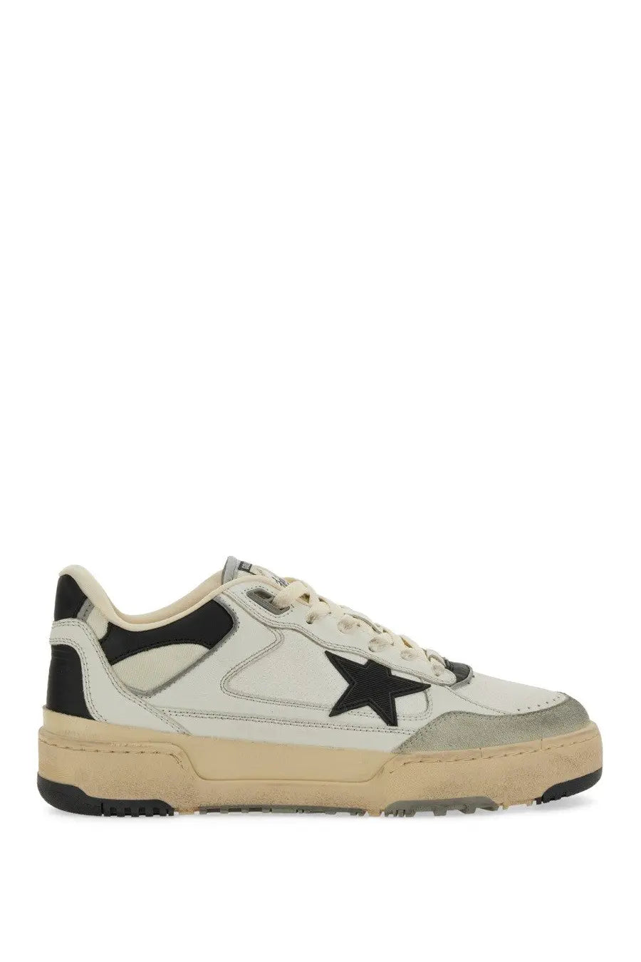 Golden Goose men’s sneaker white low-top in white and black with star logo suede and canvas materials