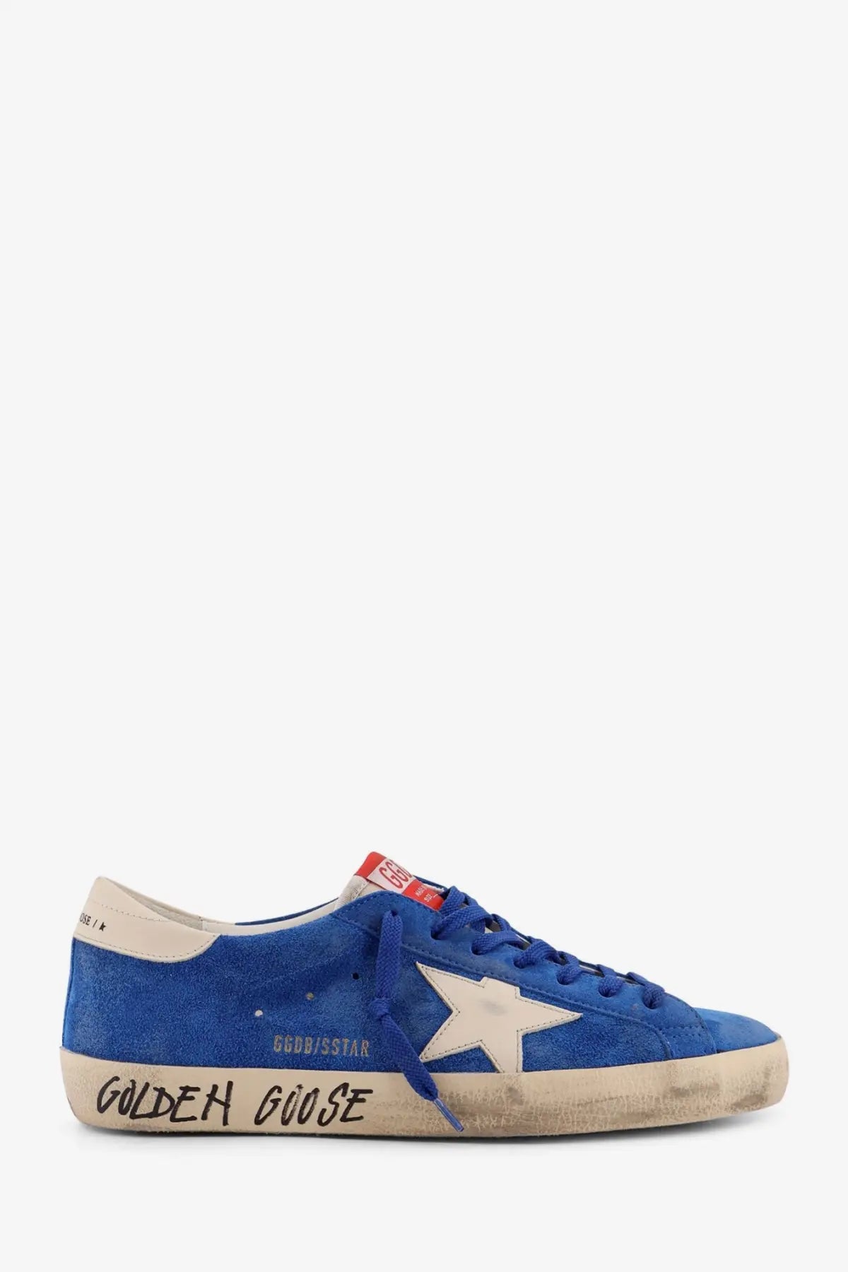 Golden Goose men’s Super Star classic white low-top sneaker in blue suede with white star patch and distressed sole