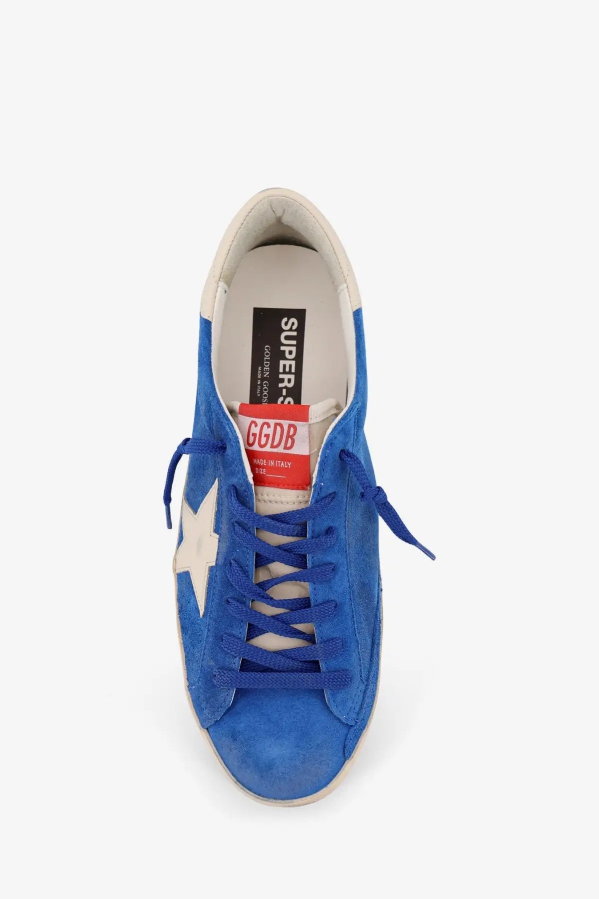 Golden Goose men’s Super Star classic white sneaker in blue suede with white star and matching blue laces