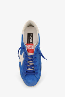 Golden Goose men’s Super Star classic white sneaker in blue suede with white star and matching blue laces