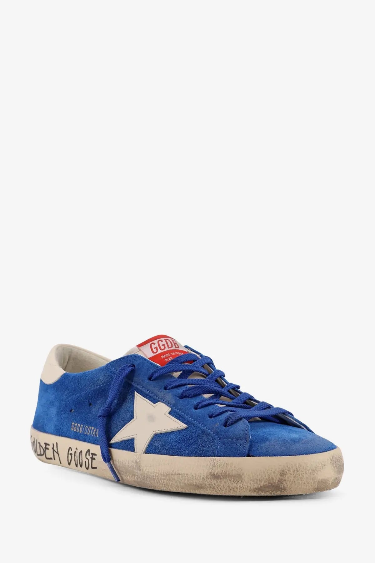 Golden Goose men’s super star classic white sneaker in blue suede with white star and distressed rubber sole
