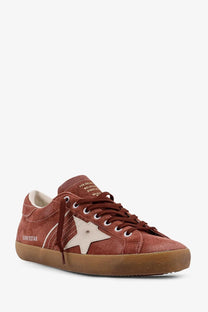 Golden Goose men’s super star double quarter rust-colored suede sneaker with white star emblem and gum rubber sole
