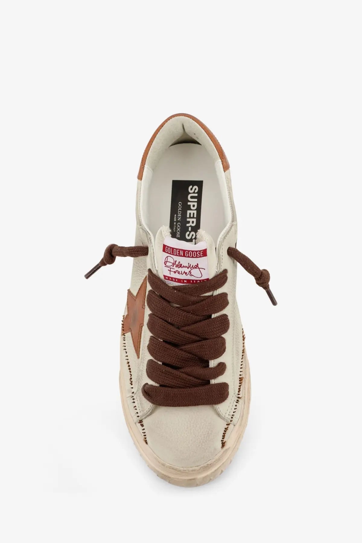 Golden Goose men’s super star leather sneaker in beige cream with brown laces and tan star side detail