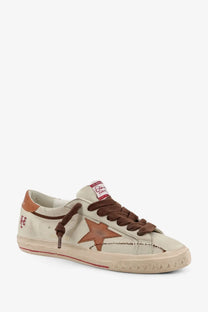 Beige suede golden goose men’s super star leather sneaker with brown star patch tan laces and heel tab