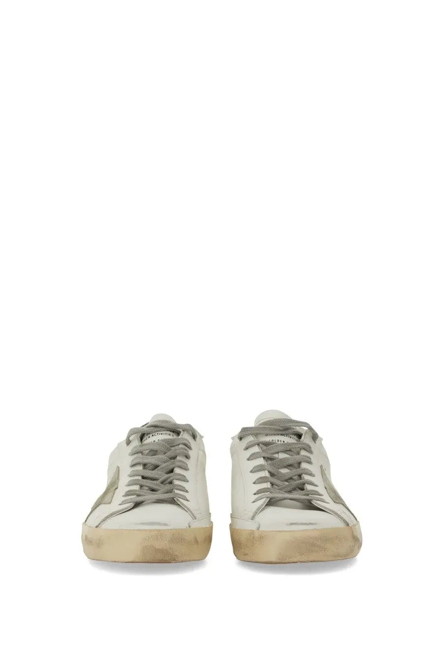 Golden Goose Mens Super Star white leather sneakers with gray laces