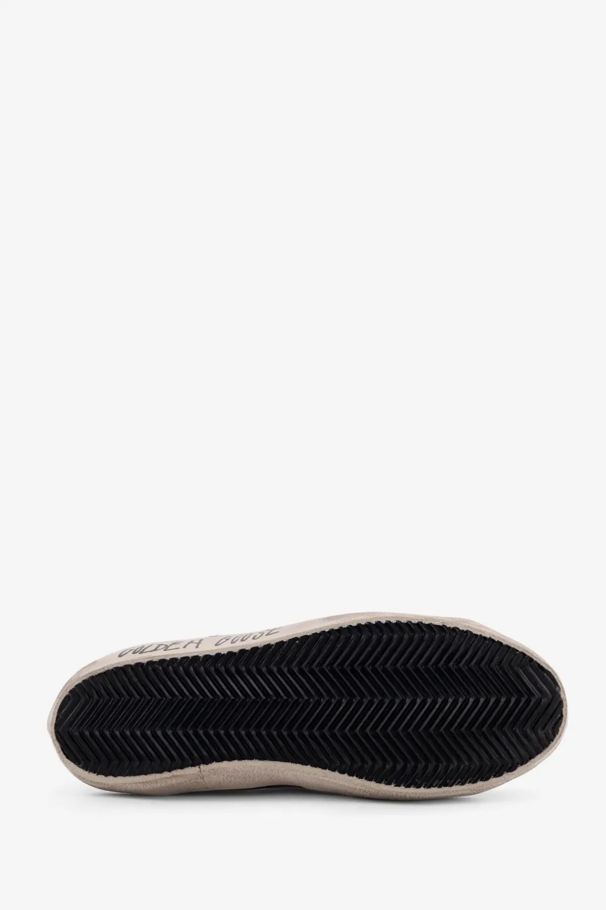 Back view of golden goose men’s superstar leather sneakers grey featuring beige suede and black rubber sole with herringbone tread