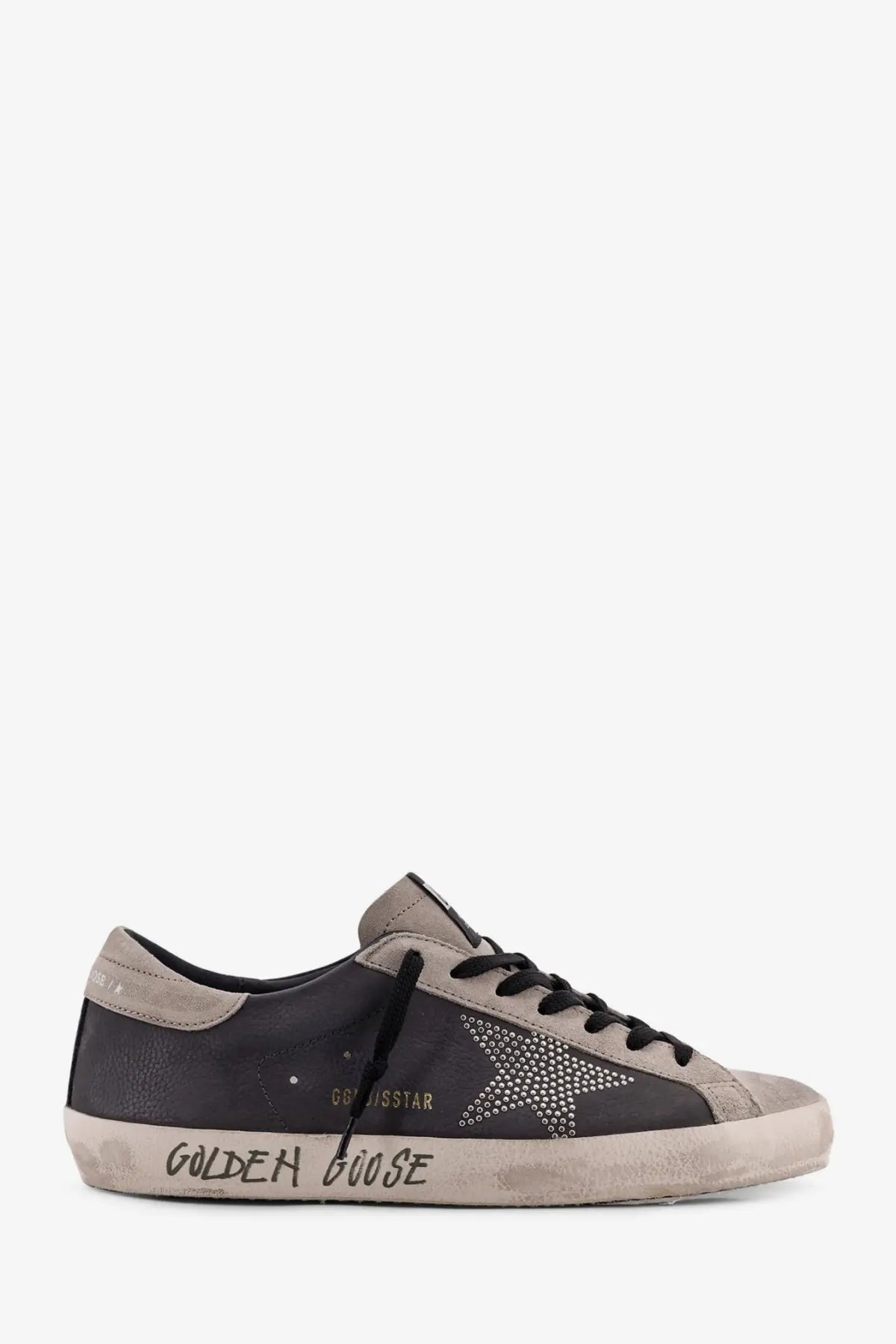 Golden Goose men’s superstar leather sneakers grey with dark gray suede, studded star, and distressed white sole