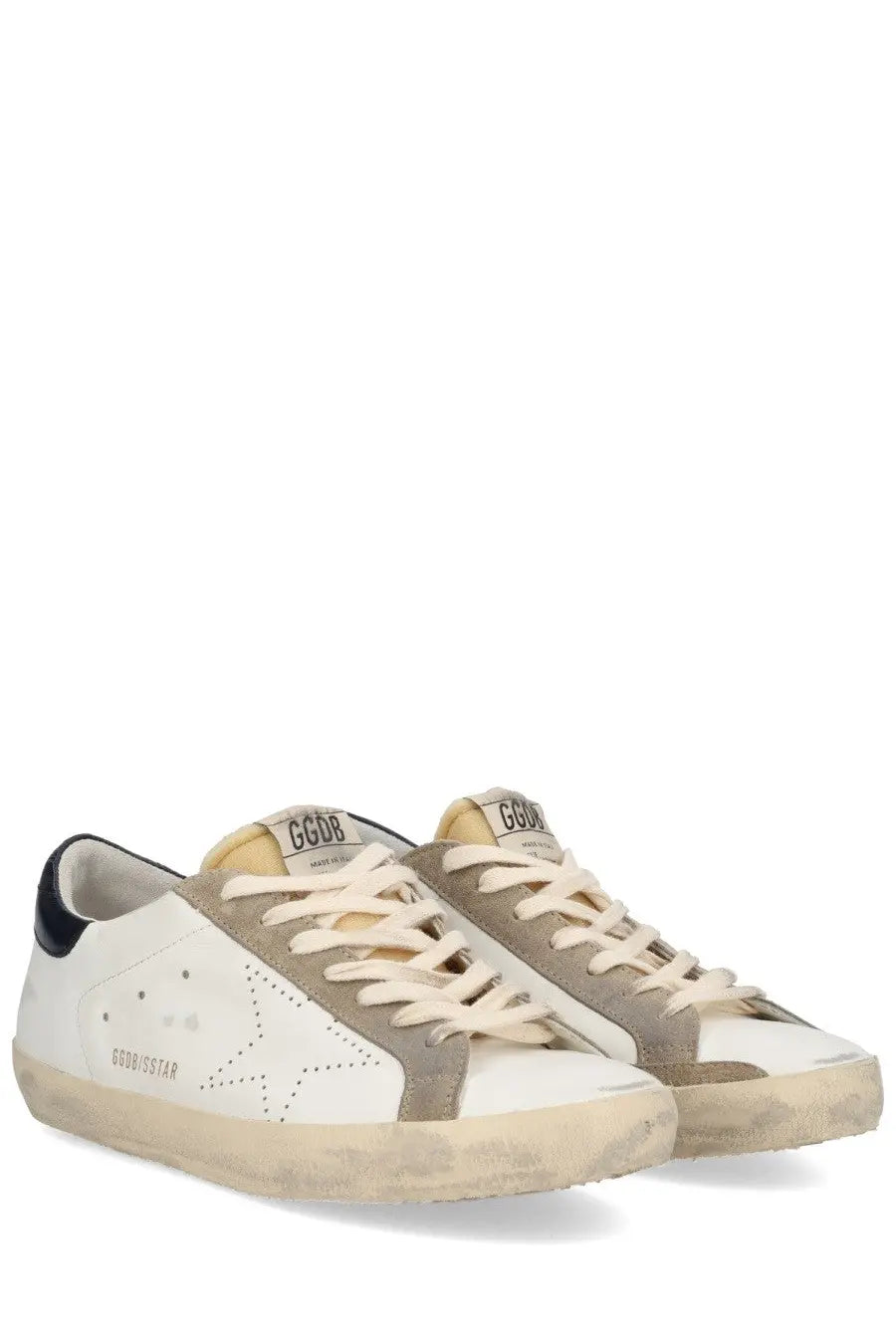 Golden Goose men’s Superstar sneaker white suede with beige star design and Golden Goose logo on the tongue