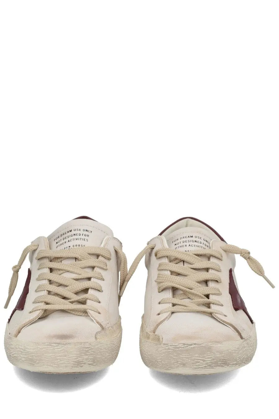 Golden Goose men’s superstar sneaker in cream suede with maroon star accents and distressed detailing