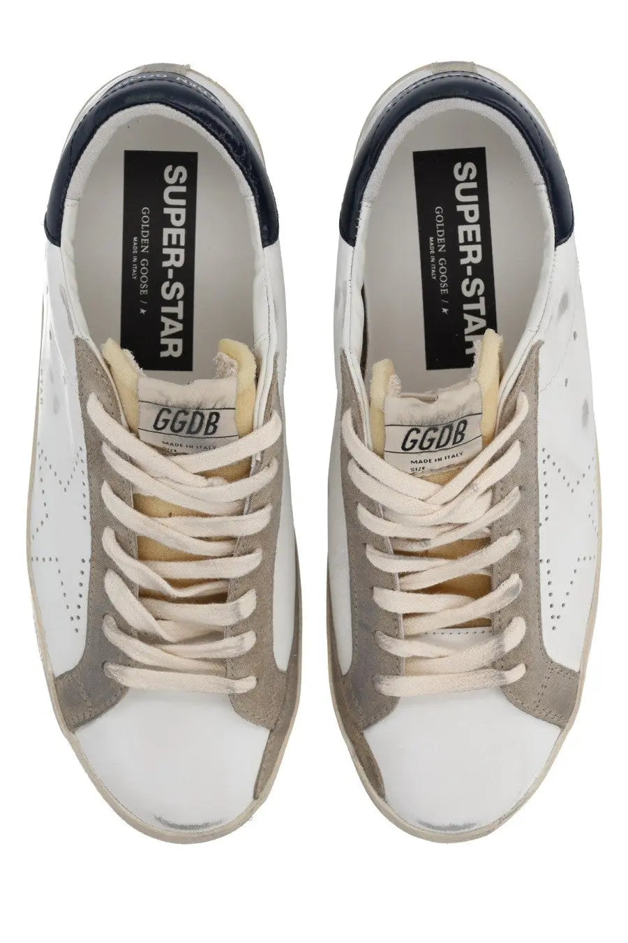 Golden goose men’s superstar sneaker white with white and gray suede and leather and navy blue heel tab