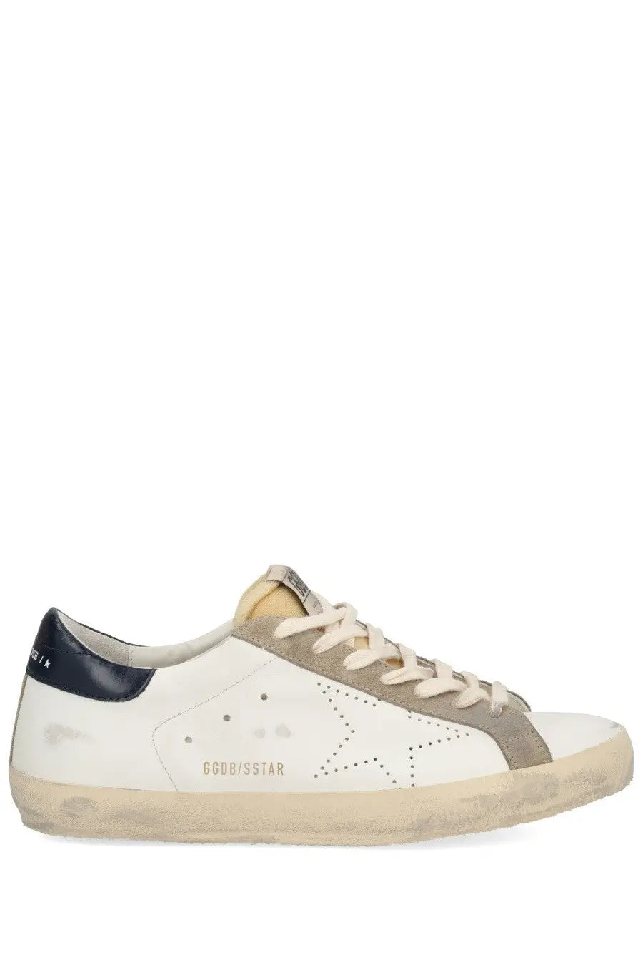 Golden Goose men’s superstar sneaker in white leather with distressed sole navy heel tab and beige suede star detail