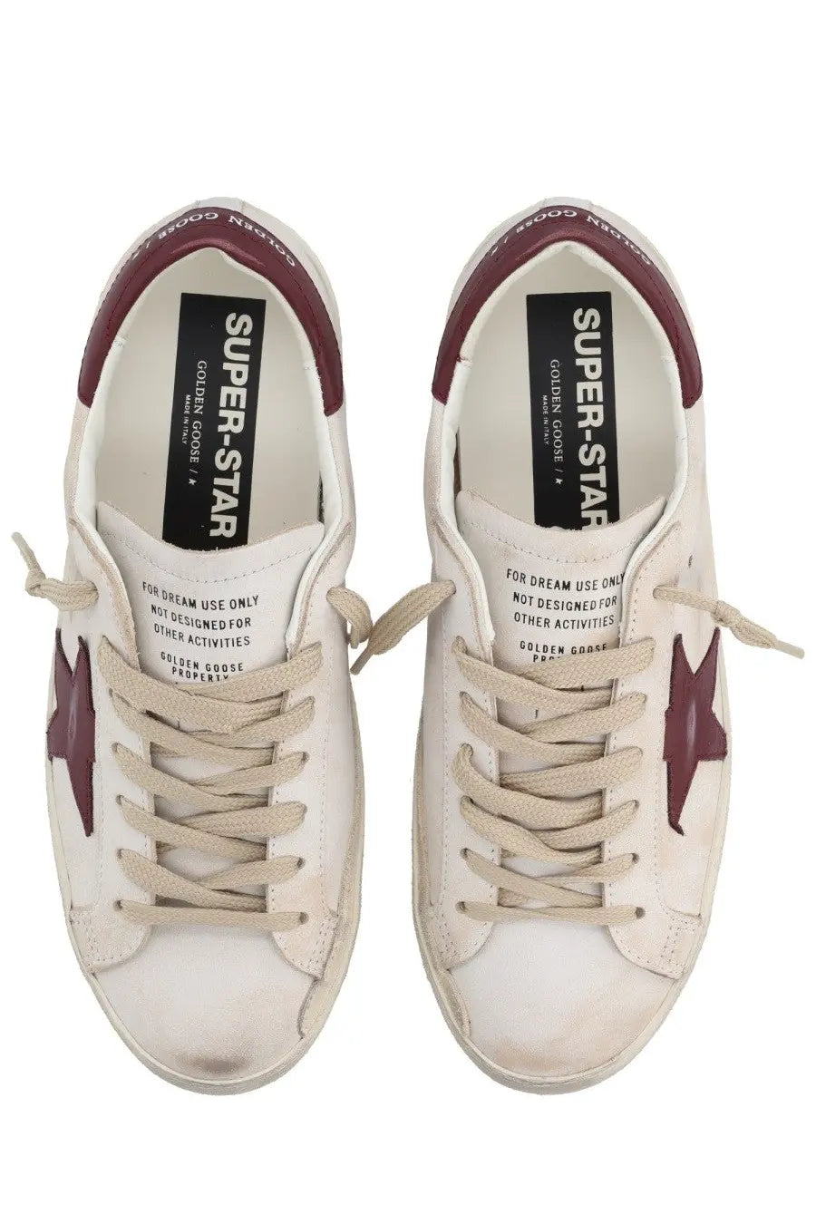 Golden goose men’s superstar sneaker white with white leather low-top design and maroon star accents and heel tabs