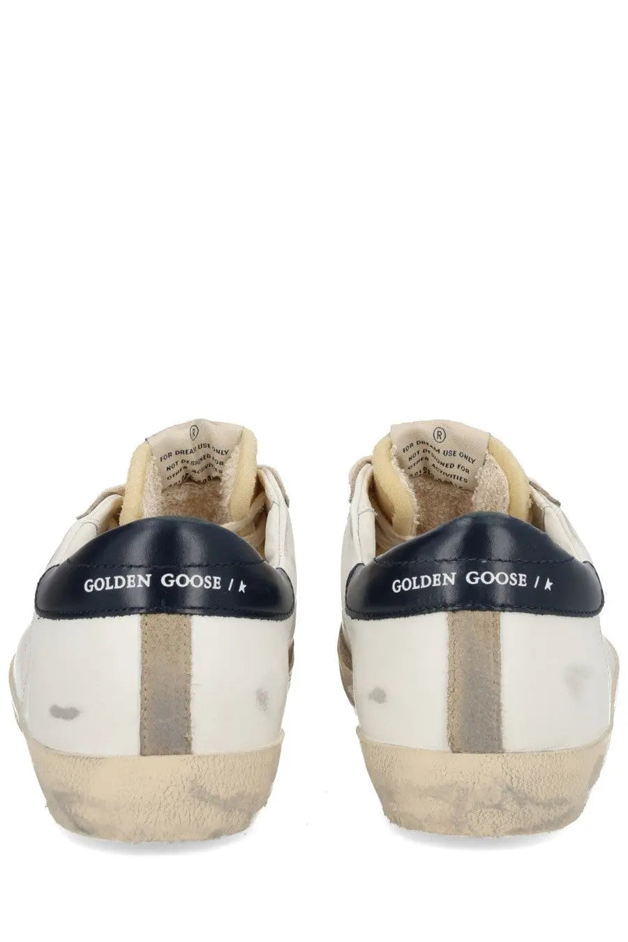 Golden goose men’s superstar sneaker white with white and navy blue distressed leather and vintage look