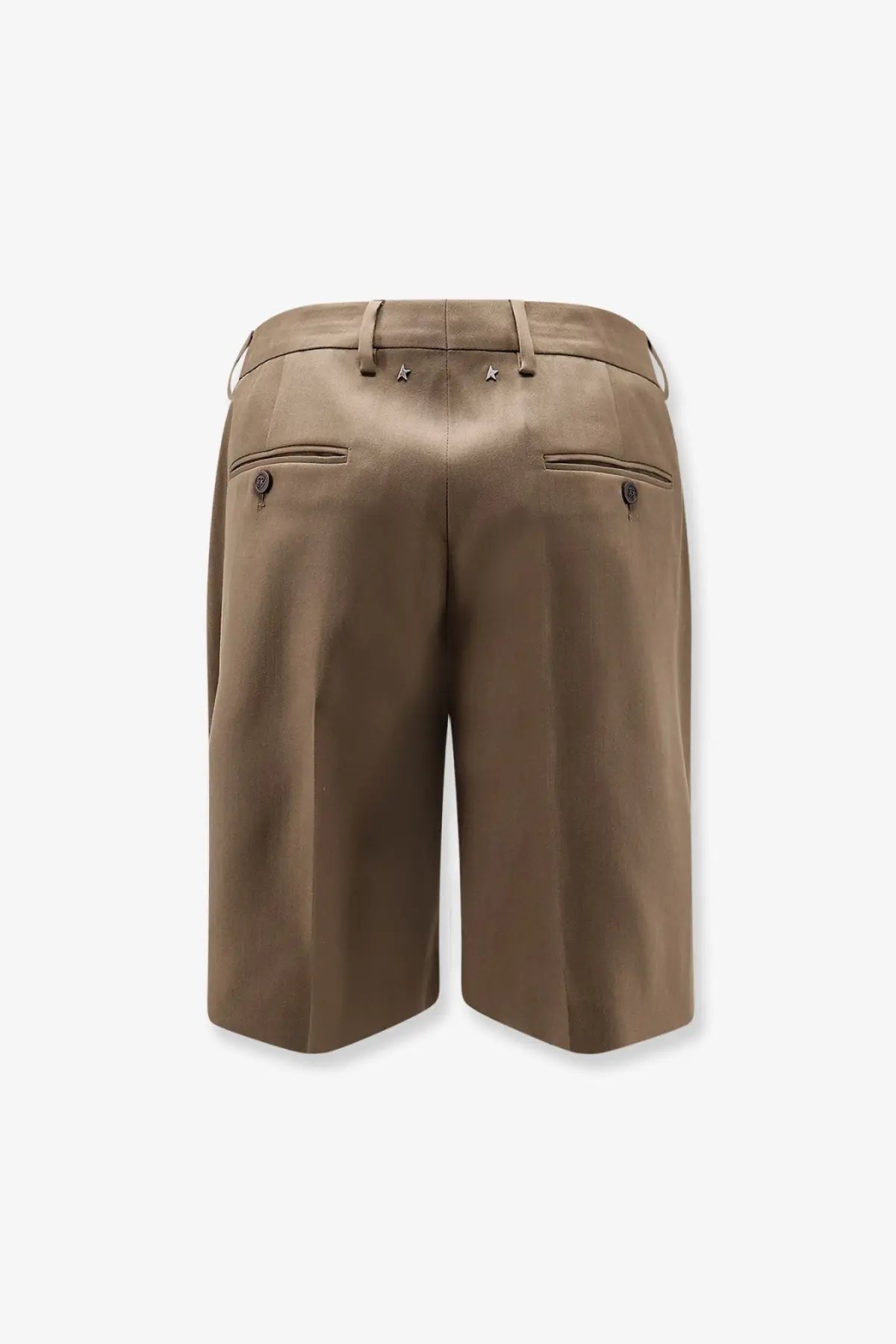 Tan virgin wool tailored pleated shorts with star metal accents on belt loops by golden goose for men