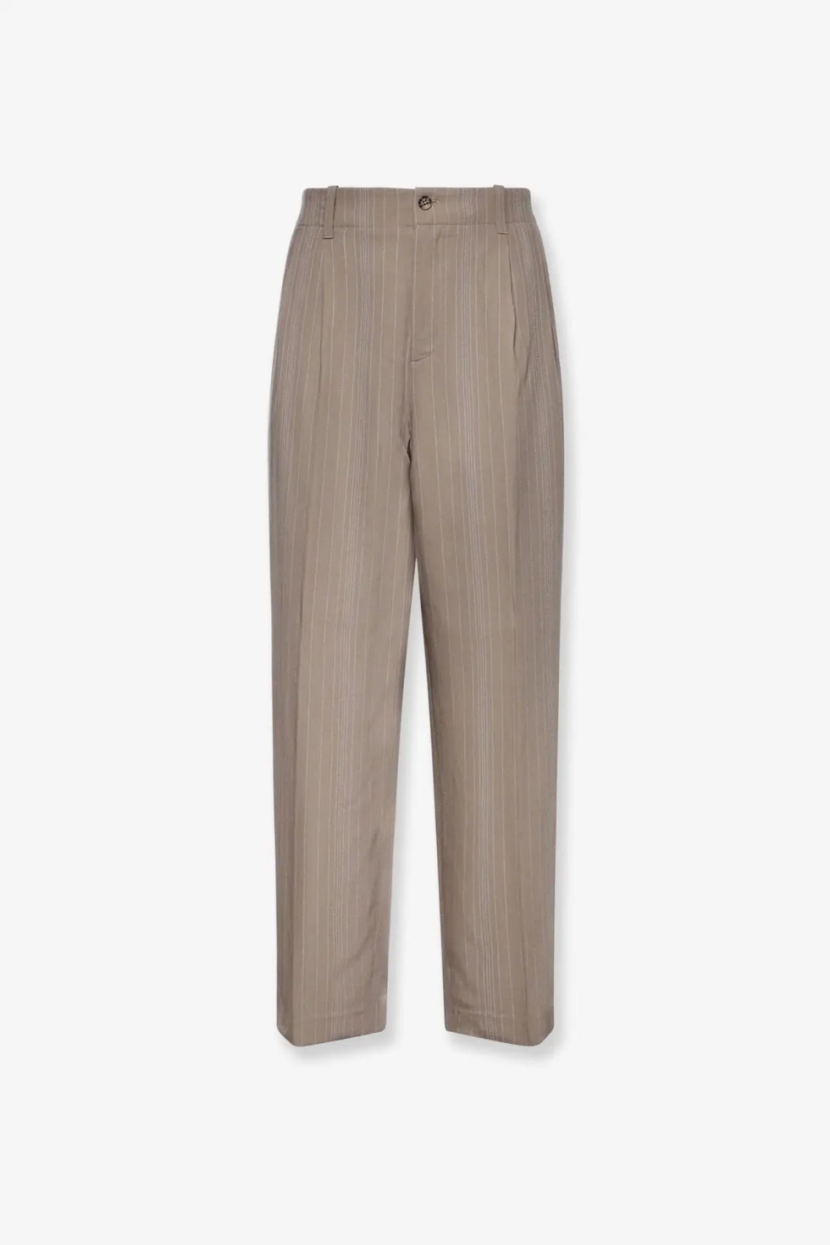 Beige golden goose men’s wool blend trousers roasted cashew with tailored fit and subtle vertical pinstripe design