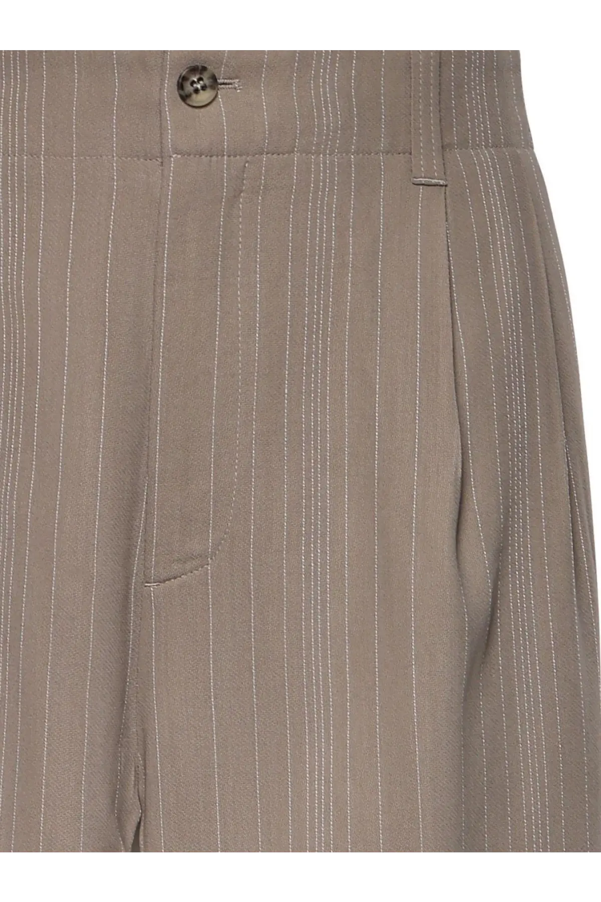 Beige wool blend golden goose men’s trousers with subtle white pinstripes and metallic button at the waistband