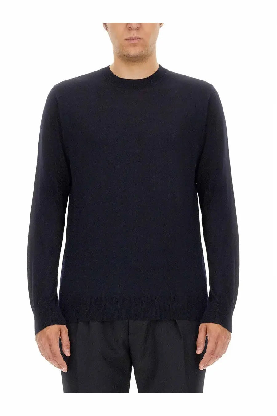 Black crewneck sweater with smooth fine-knit texture made from wool jersey by golden goose men’s blue collection