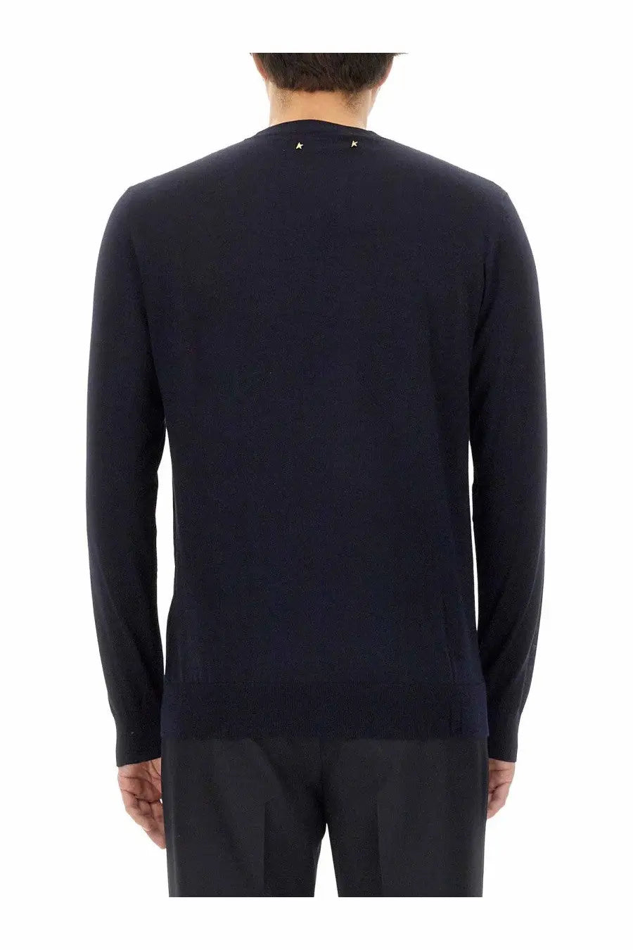 Dark navy wool knit sweater with long sleeves and gold star embellishments at neckline by Golden Goose men’s jersey