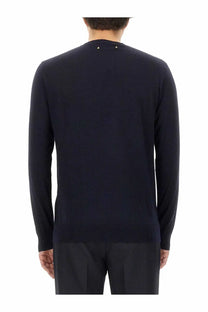 Golden Goose men’s wool jersey blue dark navy long-sleeved knit sweater with gold star embellishments at neckline